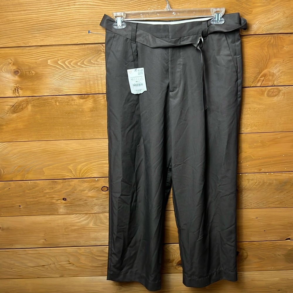 Zara Womens Dark Gray wide leg pleated pants trousers pocket High Rise 31 office